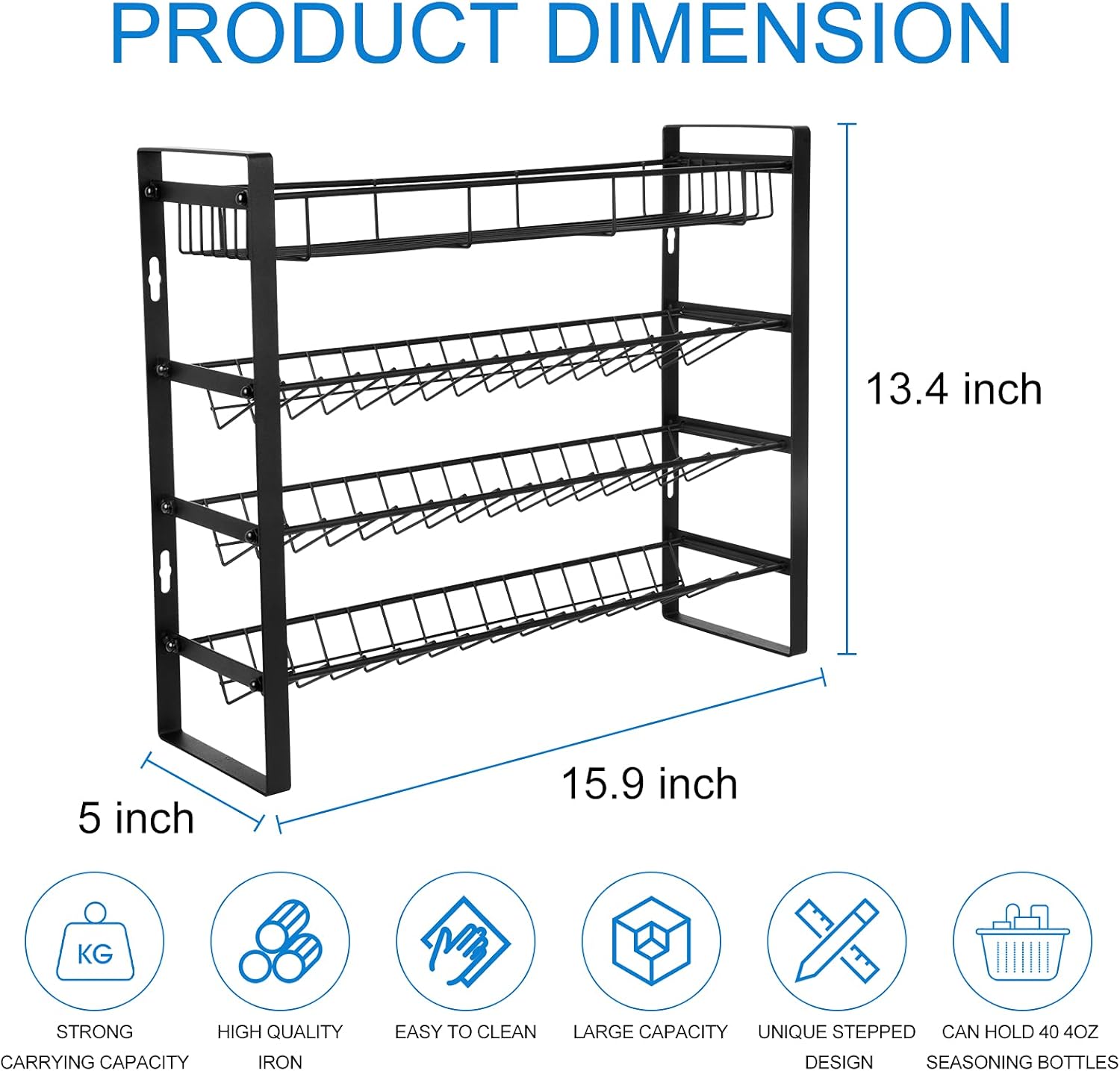 Spice Rack Organizer for Cabinet, Seasoning Organizer, Spice Organizer for Pantry, Spice Rack Wall Mount, 4 Tier Kitchen Countertop Storage Rack with Hooks, Amtiw Without Jars Detachable Spice Rack