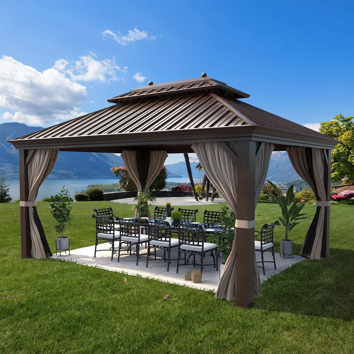 Erinnyees 12 ft x 16 ft Hardtop Gazebo Steel Outdoor Double Vented Roof Shade for Patio, Brown