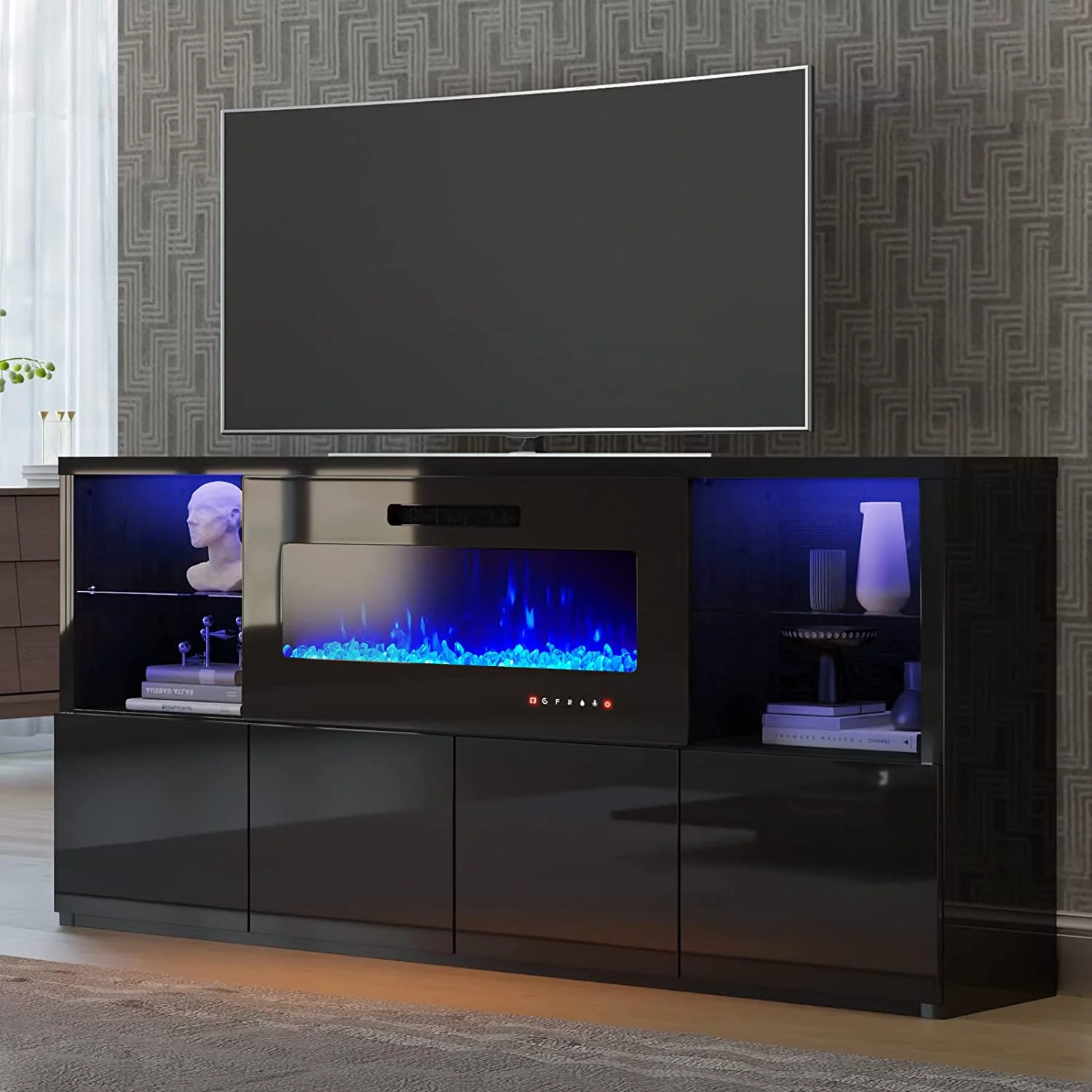 AMERLIFE Modern High Gloss 68" Fireplace TV Stand, Media Entertainment Center with Electric Fireplace & LED Lights for TVs up to 78", TV Console Storage Cabinet with Adjustable Glass Shelves, Black