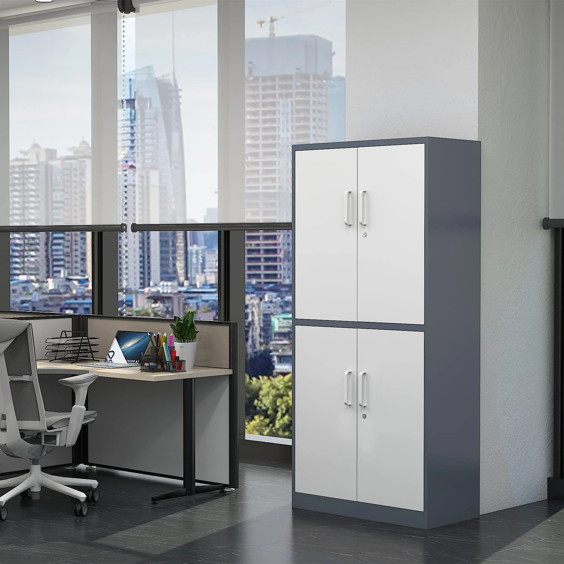 Fesbos Metal Storage Locking Cabinet with 4 Doors and 2 Adjustable Shelves,71" Lockable Garage Tall Steel Cabinet,for Home Office,Living Room,Pantry,Gym,Commercial Storage