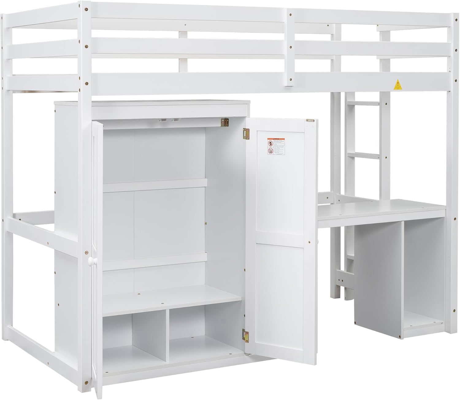 Twin Size Wood Loft Bed with Wardrobe, Desk and Storage Drawers, Versatile Wooden Loft Bed Frame with Large Storage Space for Kids, Boys and Girls, Space-Saving Design, Twin, White