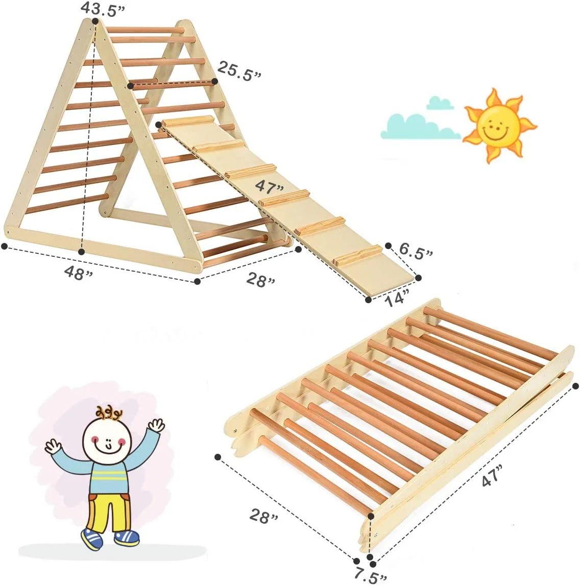 Triangle Climber with Tent, Kids Hideaway Play Tent & Rock Wall Climbing, Waterproof Tent Cover for Indoor Outdoor, Ring Bell, Wooden Climbing Triangle Crawling Tunnel Toy for Toddlers