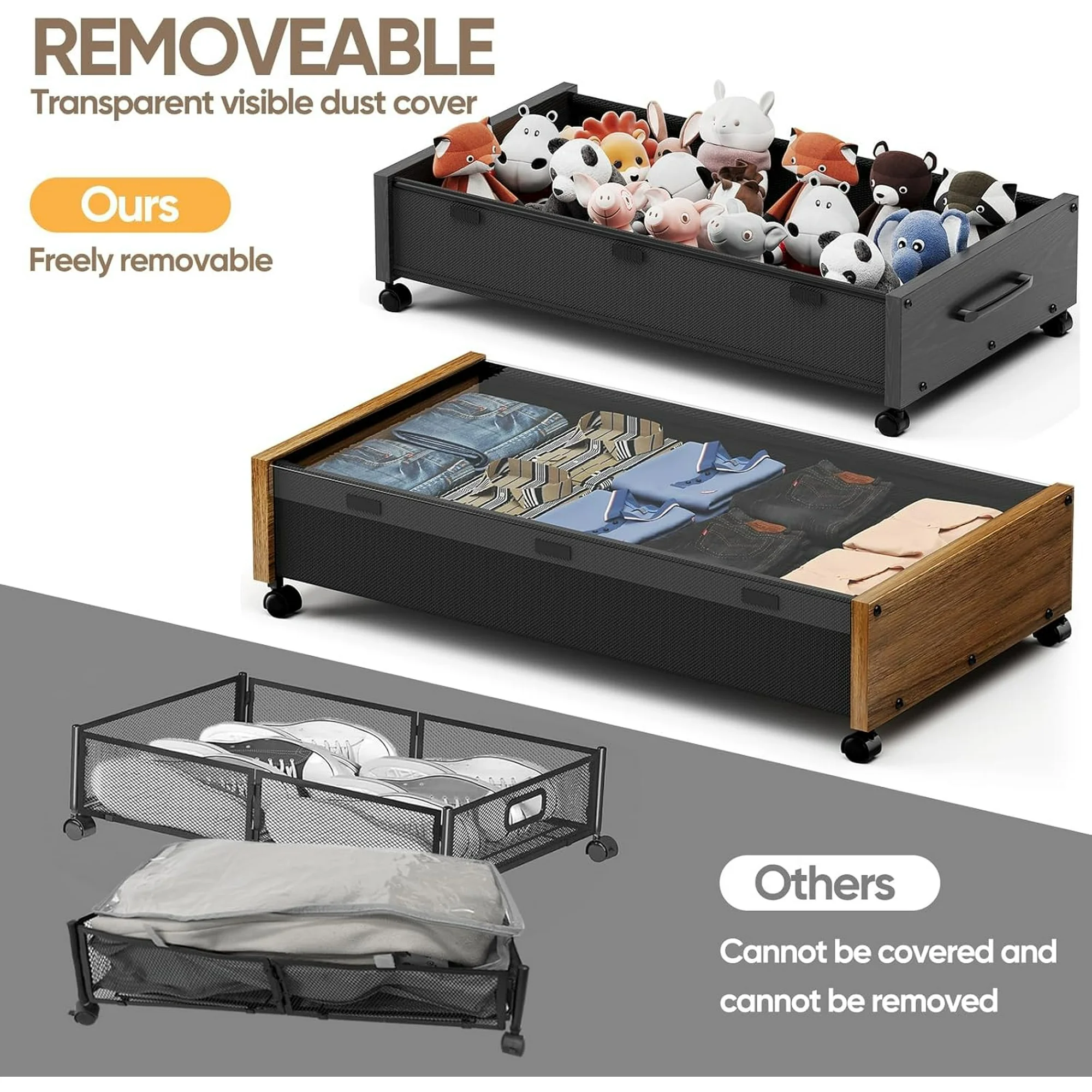 Under Bed Storage with Wheels,2 Pack Under Bed Shoe Storage, Under the Bed Storage Drawers with Remove Window, Extra Large Rolling Under Bed Storage Metal Drawer for Clothes (Black-2 pack)