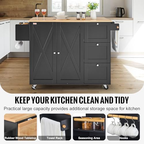 VEVOR Kitchen Island Cart with Solid Wood Top, 35.4" Width Mobile Carts with Storage Cabinet, Rolling Kitchen Table with Spice Rack, Towel Rack, and Drawer, Portable Islands on Wheels, White