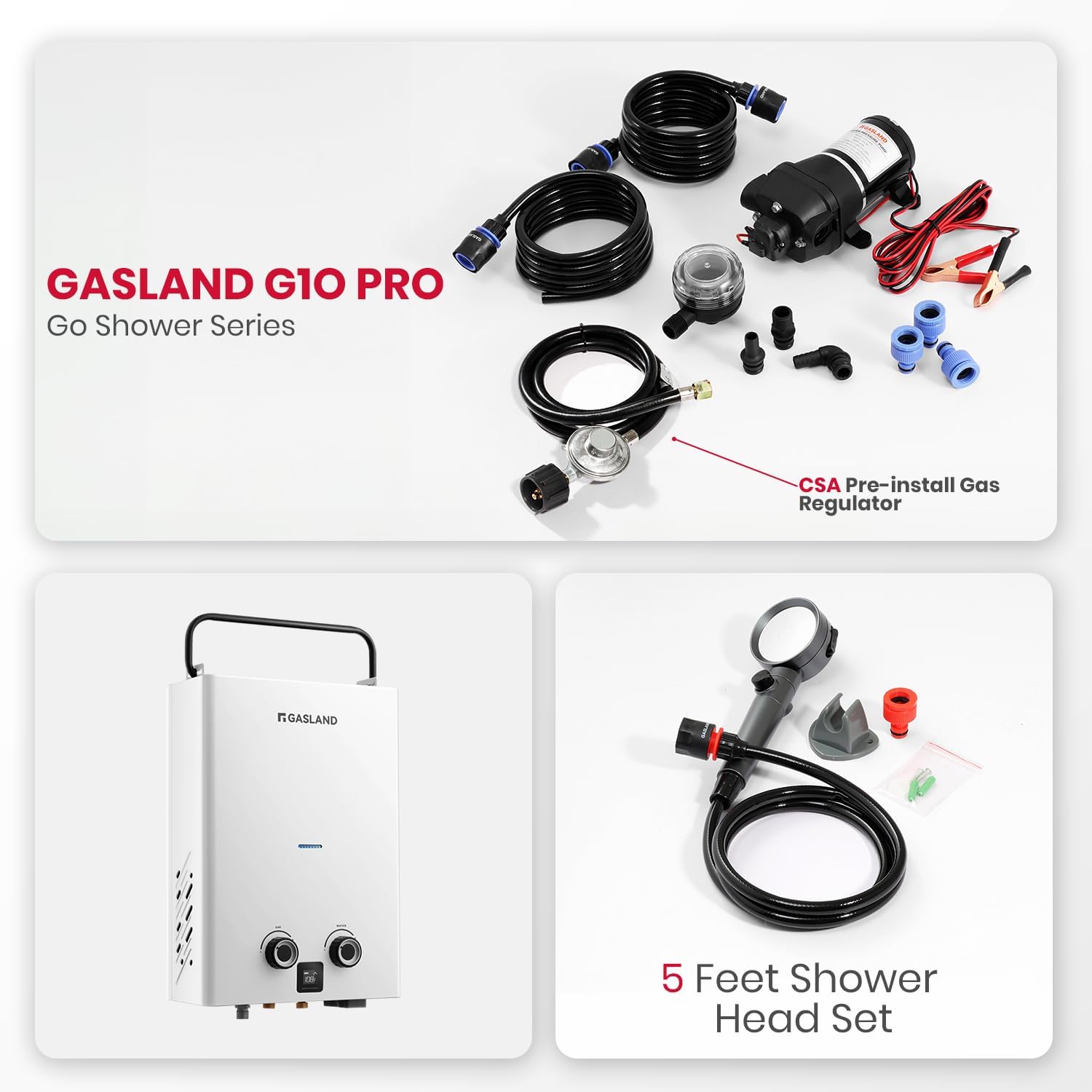 GASLAND Propane Tankless Water Heater G10 PRO, 2.64GPM 10L Propane Outdoor Water heater with Pump & Pipe Strainer for Off Grid, Ultra Slim Portable Hot Water Heater, 68,000 BTU