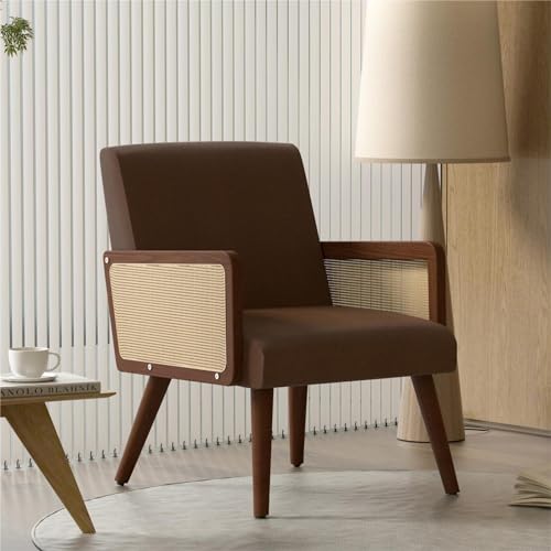 Rattan Accent Chair, Linen Fabric Upholstered Armchair with Wood Legs, Mid Century Modern Reading Comfy Lounge Chair with Spring Support, for Living Room Bedroom,Yellow Green