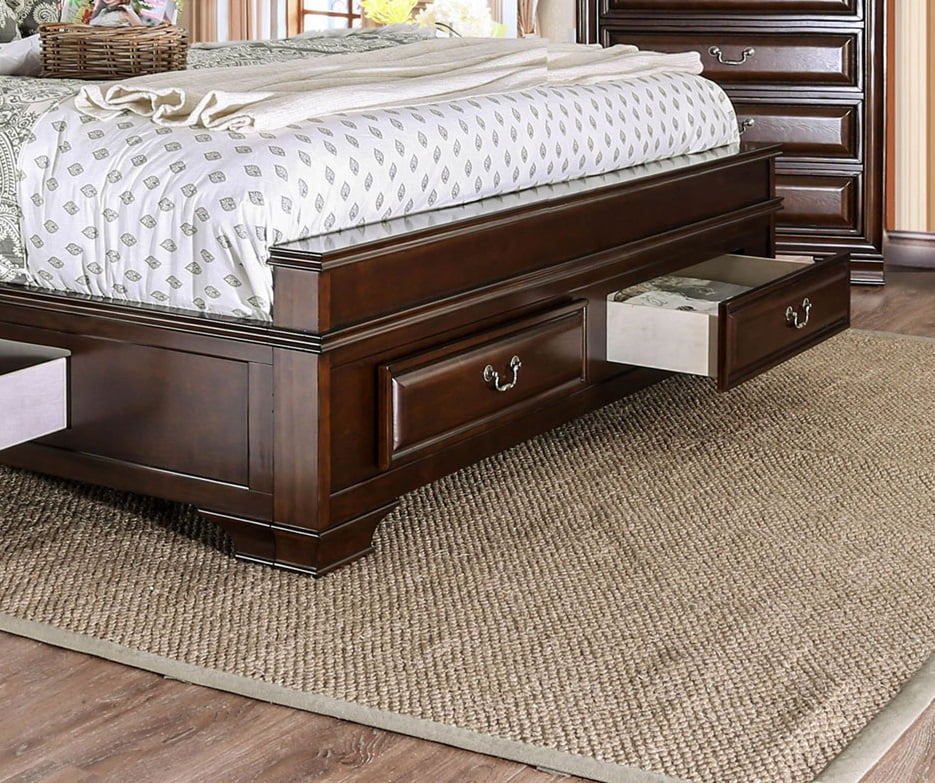 Elegance 3pc Bedroom Furniture Set Transitional Solid wood Queen Size Bed 2x Nightstands w USB Brown Cherry Storage Bed Drawers