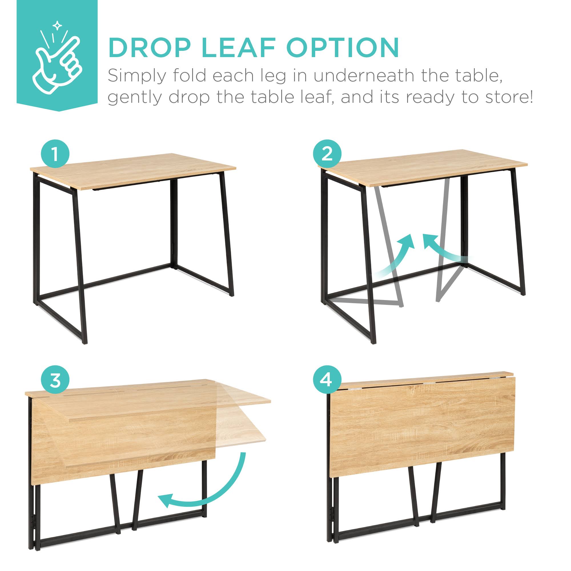 Best Choice Products 42in Folding Drop Leaf Desk for Home Office w/ Wood Table Top, Space Saving - Black/Natural