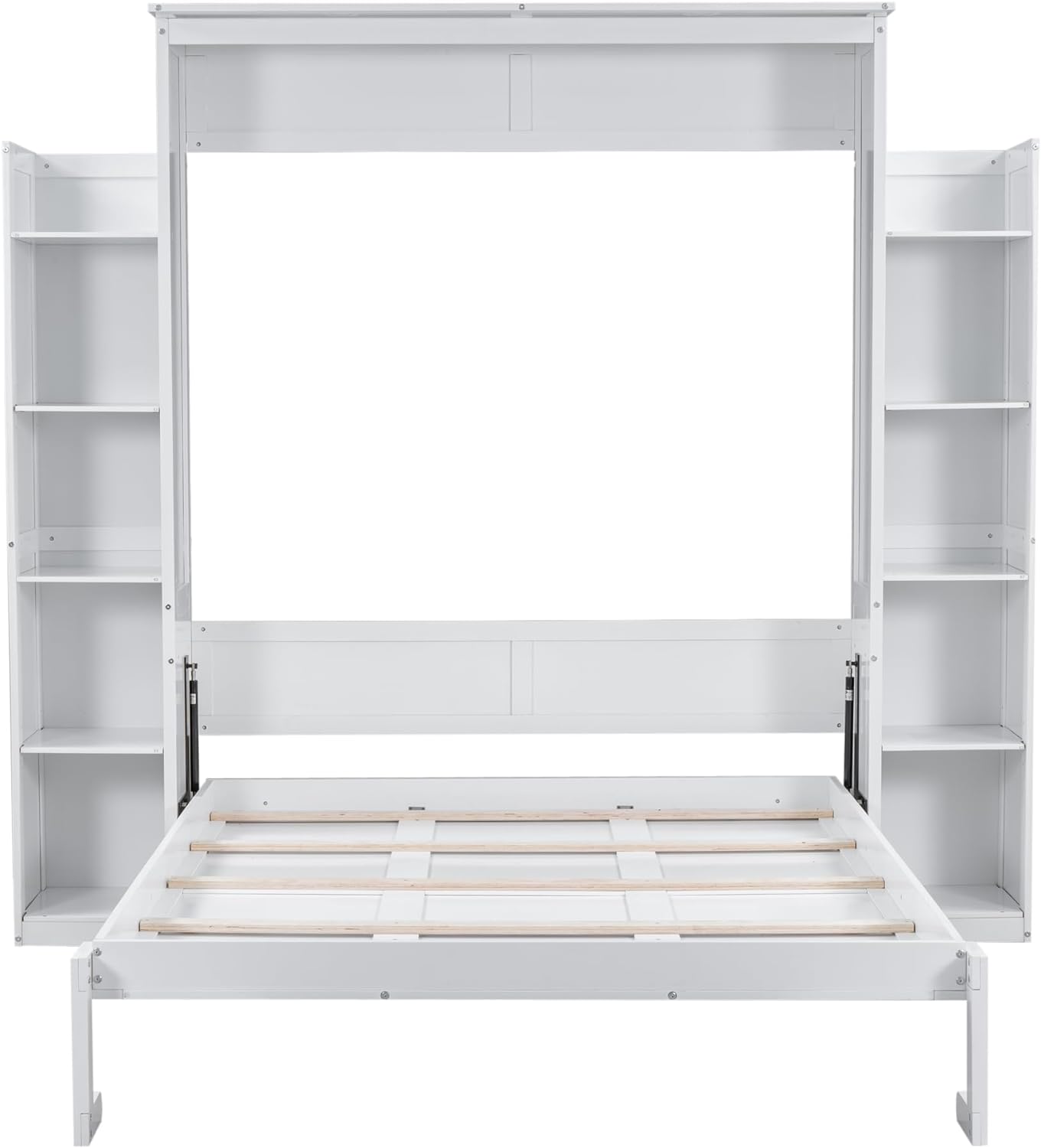 Merax Murphy Bed, Queen Size Wooden Wall Bed Shelves and LED Lights for Bedroom, Wood Slat Support, No Box Spring Needed, Easy Assembly, White