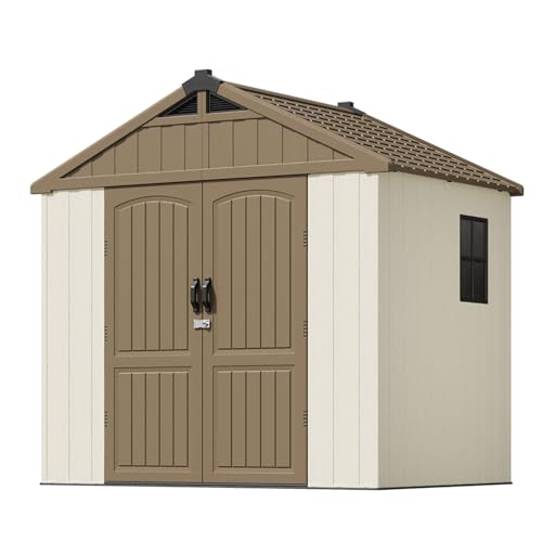 Patiowell 8 x 12 FT Plastic Outdoor Storage Shed with Floor, Resin Shed with Window and Lockable Door for Garden, Backyard, Tool Storage Use, Easy to Install in Beige (Kick-it Shed)