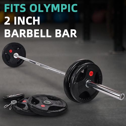 Olympic Cast Iron 2-Inch Weight Plates Including 5FT Olympic Barbell Bar & Safely Locks, 100 Pounds Set (85 lbs Plates + 15 lbs Barbell Bar), Multiple Packages