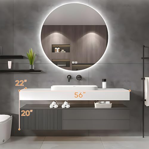 Bathroom Vanity - Floating Bathroom Vanity with Sink & Round LED Defog Mirror with Lights, Modern Bathroom Vanity with Drawer and Floating Shelf, Solid Wood, Wall Mounted(White, 36")