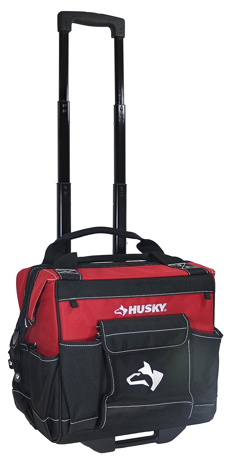 Husky GP-44316AN13 14" 600-Denier Red Water-Resistant Contractor's Rolling Tool Tote Bag with Telescoping Handle