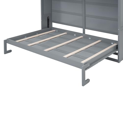 Full Size Murphy Bed with Built-in Wardrobe, 3 Drawers and 3 Open Shelves, Murphy Cabinet Bed with a Long Shelf, Bed Frame Can Be Folded Into A Cabinet, Space-Saving Design