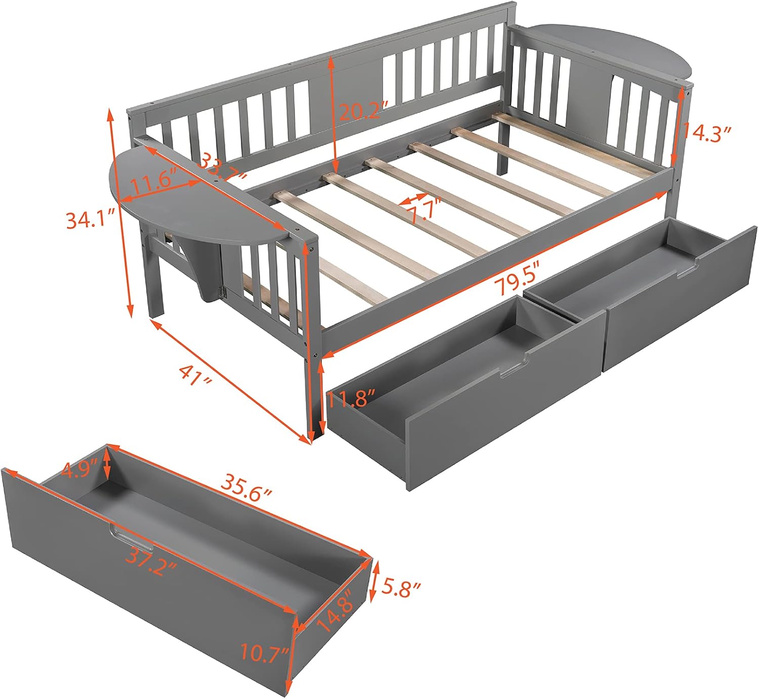 Twin Size Daybed Wood Bedframe with Two Drawers, Wooden Slats Support, Twin Sofa Bed for Living Room, Bedroom, Small Living Spaces