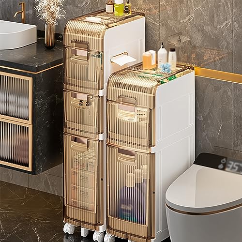 Narrow Bathroom Floor Storage Cabinet with Multilayer Drawers and 4 Universal Wheels,Tall Slim Bathroom Storage Unit Free Standing Storage Cabinet for Small Spaces,Gaps,Kitchen,Hallway