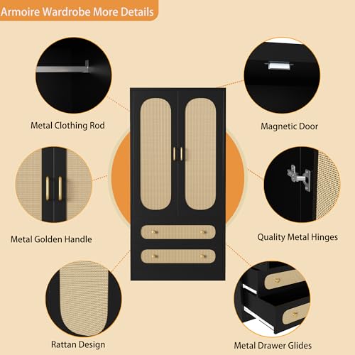 2 Door Wood Wardrobe Bedroom Closet, Rattan Wardrobe Cabinet with 2 Drawers & Hanging Rail, Freestanding Large Capacity Storage for Dormitory, Apartment, (Black)