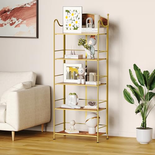 Folding Bookshelf No Assembly, 5 Shelf Black Folding Bookcase, Industrial Tall Metal Collapsible Corner Book Shelf with Storage Shelves for Bedroom, Living Room, Home Office Organization