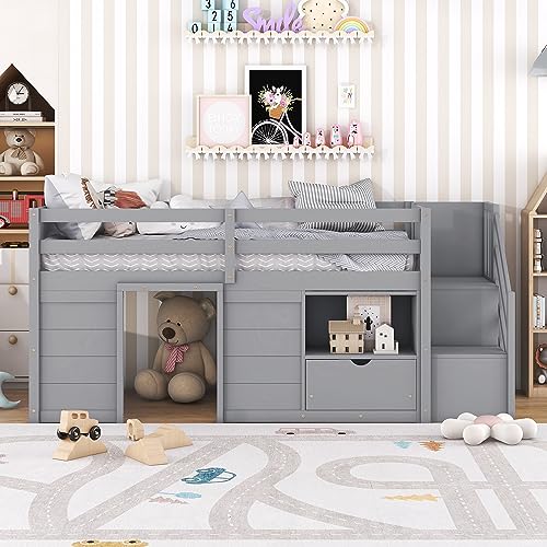 Harper & Bright Designs Low Loft Bed with Stairs, Solid Wood Twin Size Low Loft Bed Frame with Storage Drawers and Shelf, for Kids Teens Girls Boys (Twin Size, Gray)