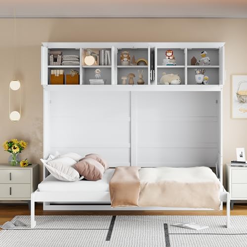 Full Murphy Bed with Cabinets, Full Size Murphy Bed Cabinet Bed, Solid Wood Wall Bed, Hidden Murphy Beds Foldable Platform Bed Frame, Horizontal Murphy Bed for Guest Room or Home Office, Grey