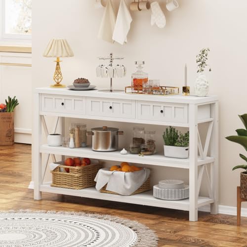 FATORRI Industrial Console Table for Entryway, Rustic Sofa Table with Shelf and 3 Drawers for Living Room, Farmhouse Foyer Table and Couch Table Behind Sofa (54.72 Inch Long, Walnut Brown)