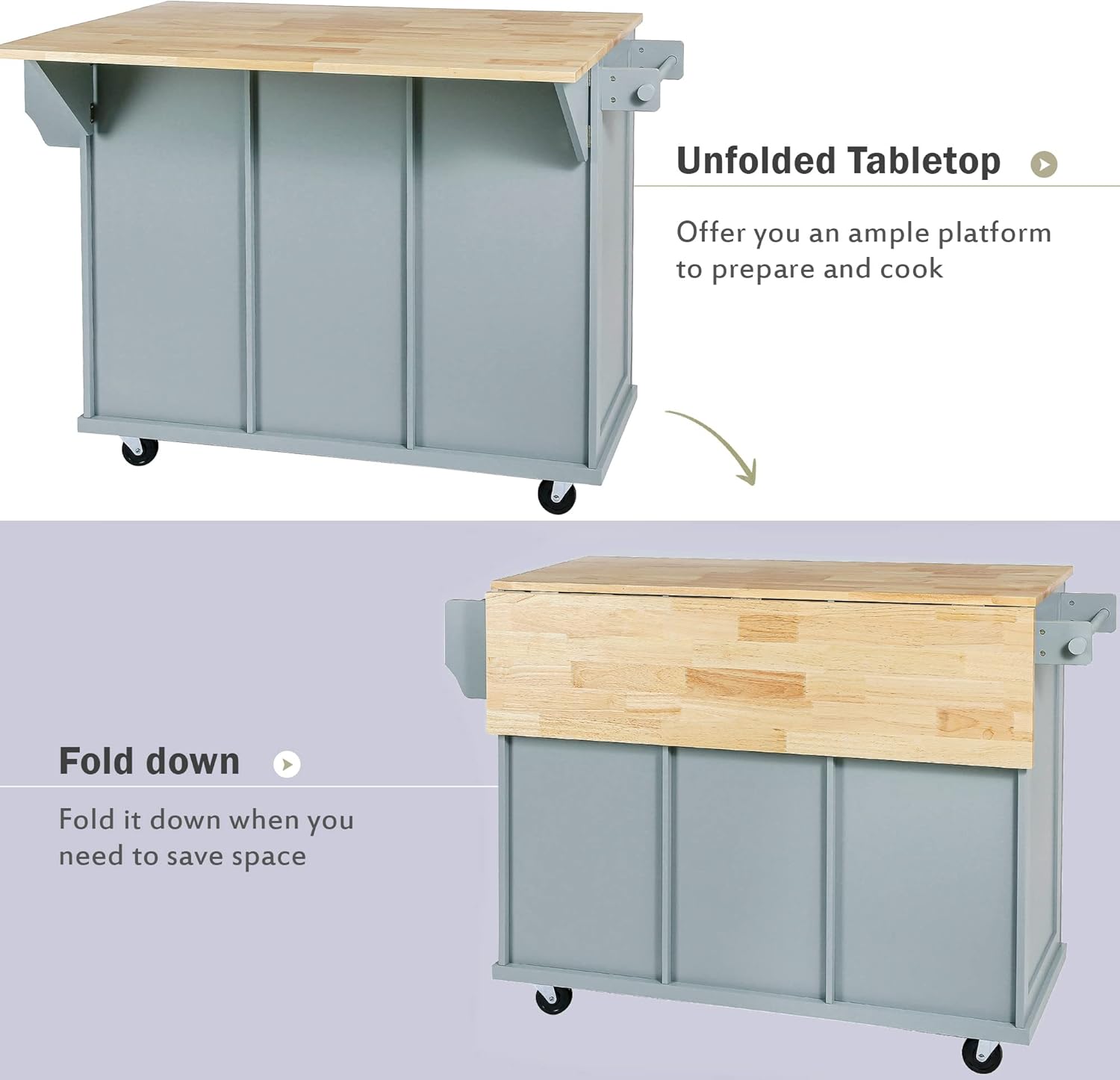 53.1inch Kitchen Cart with Rubber Wood Drop-Leaf Countertop, Cabinet Door Internal Storage Racks,Kitchen Island on 5 Wheels with Storage Cabinet and 3 Drawers for Dining Room, Blue