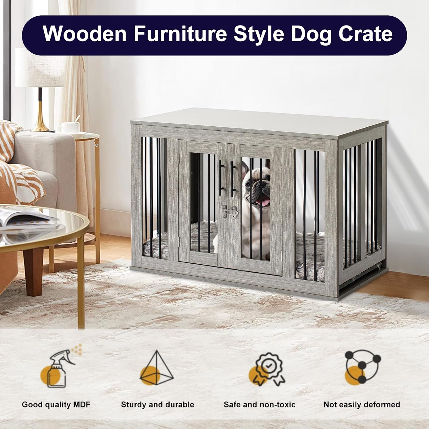 Furniture Style Dog Crate Medium with Waterproof, Machine Washable Dog Bed, a Decorative End Table Bedside Table, Indoor Wooden Kennel, Pet House Dog Cage for Medium Dogs and Puppies