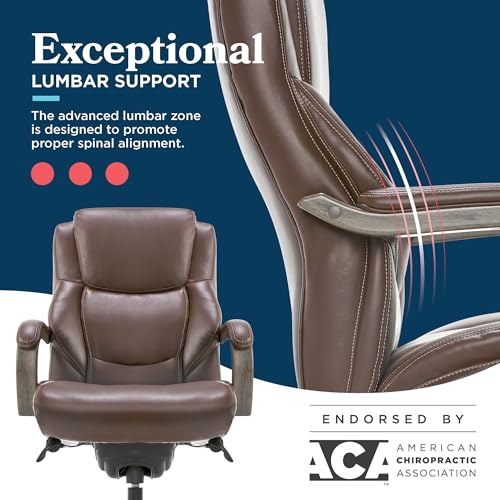 La-Z-Boy Delano Big & Tall Executive Office Chair, Ergonomic Mid-Back Body Pillow Lumbar Support, ComfortCore Memory Foam Cushion, Mahogany Wood Arms & Swivel Base, Bonded Leather, Chestnut Brown