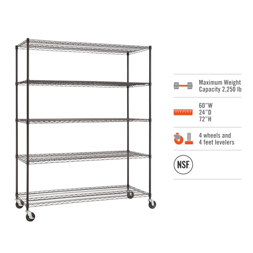 TRINITY BASICS 5-Tier Adjustable Wire Wheels for Kitchen Organization, Garage Storage, Laundry Room, NSF Certified, 600 to 2250 Pound Capacity, 60” by 24” by 77”, 5 shelves 72" tall, Black