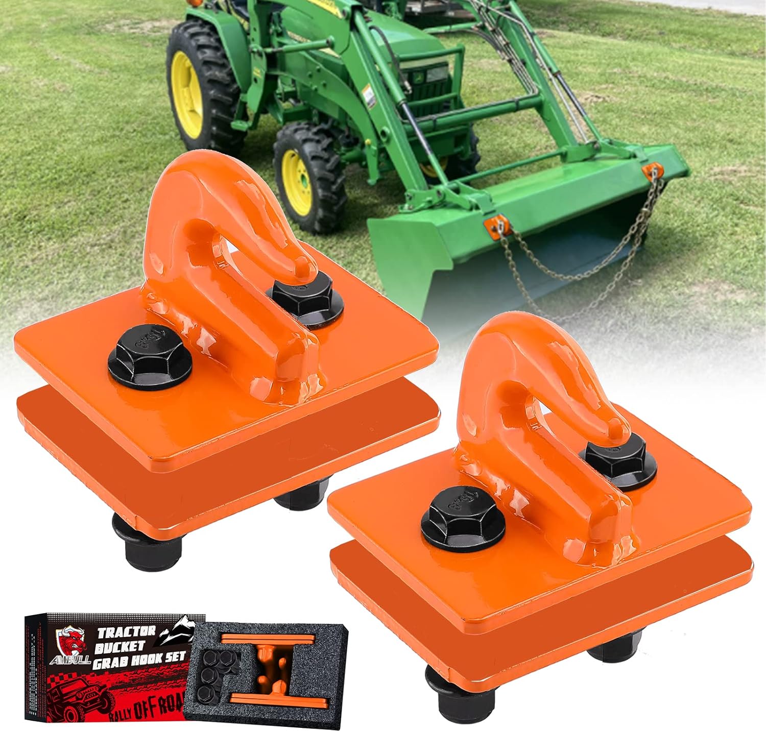 AMBULL 2 Pack 3/8" Tractor Bucket Grab Hook Grade 70 Forged Steel Bolt On Grab Hook Tow Hook Mount with Backer Plate,Work Well for Tractor Bucket, RV, UTV,Truck, Max 15,000 lbs, Dark Green Pack of 2