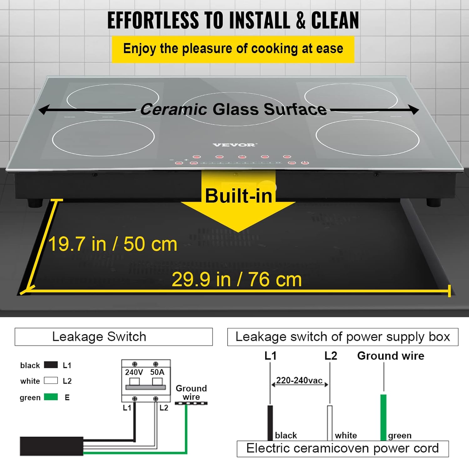 VEVOR Built-in Induction Electric Stove Top 5 Burners,35 Inch Electric Cooktop,9 Power Levels & Sensor Touch Control,Easy to Clean Ceramic Glass Surface,Child Safety Lock,240V