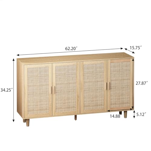 Sideboard Buffet Cabinet with Storage, Storage Cabinet with 4 Rattan Doors, Accent Cabinet with Iron Framework Feet, Sideboard Wooden Console Cabinets for Living Room, Kitchen (Natural)