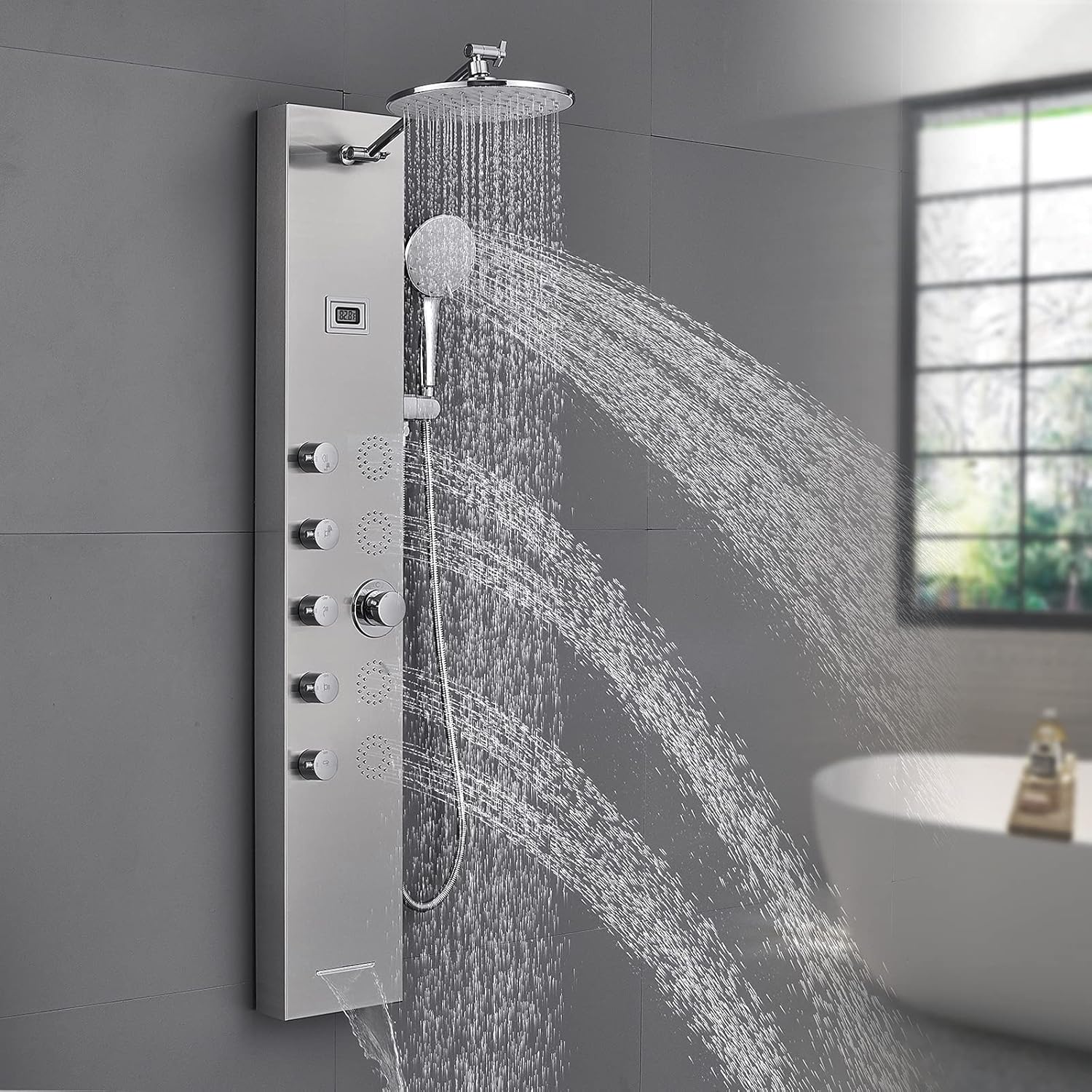 ROVATE Rainfall Shower Tower Panel System, Shower Tower with Adjustable Rain Overhead Shower + 4 Modes Handheld + 4 Body Message Jets + Waterfall Tub Spout + LCD Display, Brushed Surface