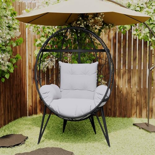 Wicker Egg Chair with Stand Cushion Outdoor Indoor Lounger Egg Basket Chair for Living Room, Backyard, Balcony, Patio (Black)