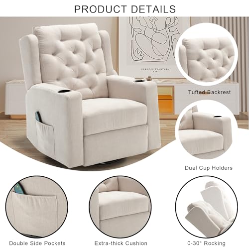 Oversized Swivel Rocker Recliners with Wide Seat Tufted Fabric Manual Recliner Chair with Cup Holders for Living Room, Nursery Rocking Glider Chairs (Beige, Large), Large(330lbs), WX1227GS
