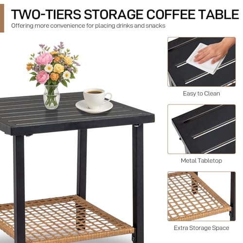 Outvita 3-Piece Outdoor Rocking Bistro Set, Patio Furniture Set w/Soft Thick Cushions & 2-Tier Coffee Table, Rattan Conversation Wicker Rocking Chairs for Garden, Balcony, Backyard, Poolside
