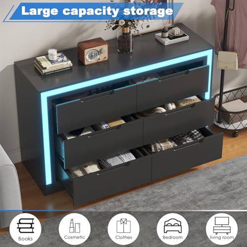 Dresser for Bedroom, 6 Drawer Dresser with LED Light, Black Dressers Chests of Drawers,Organizer Storage Drawers for Hallway, Entryway,Bedroom