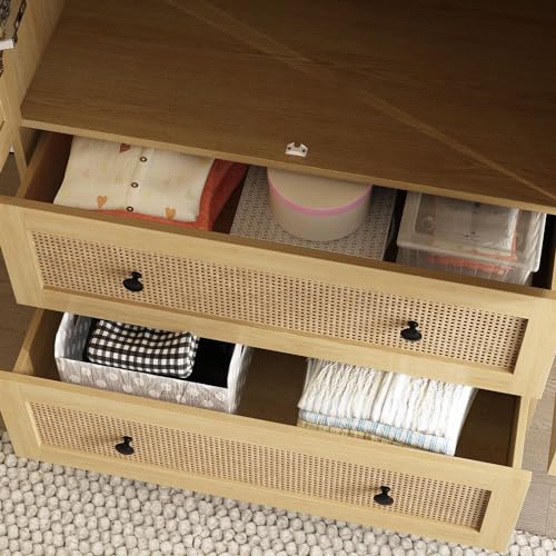 FAMAPY 2 Rattan Door Wardrobe Closet with 2 Drawers and Shelves, Farmhouse Armoire Wardrobe Closet with Hanging Rod, Black Metal Handles, Closet for Bedroom Oak (31.5”W x 19.7”D x 70.9”H)