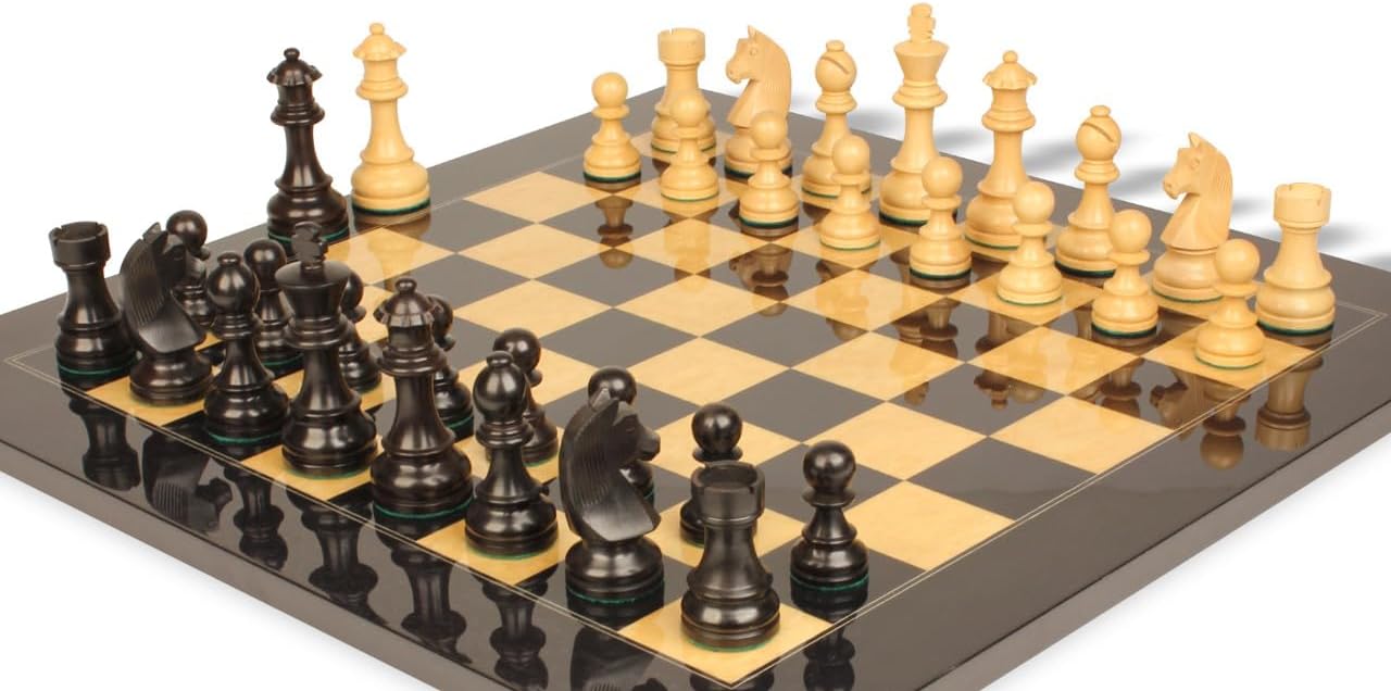 German Knight Staunton Chess Set Ebonized & Boxwood Pieces with Black & Ash Burl Chess Board - 3.75" King