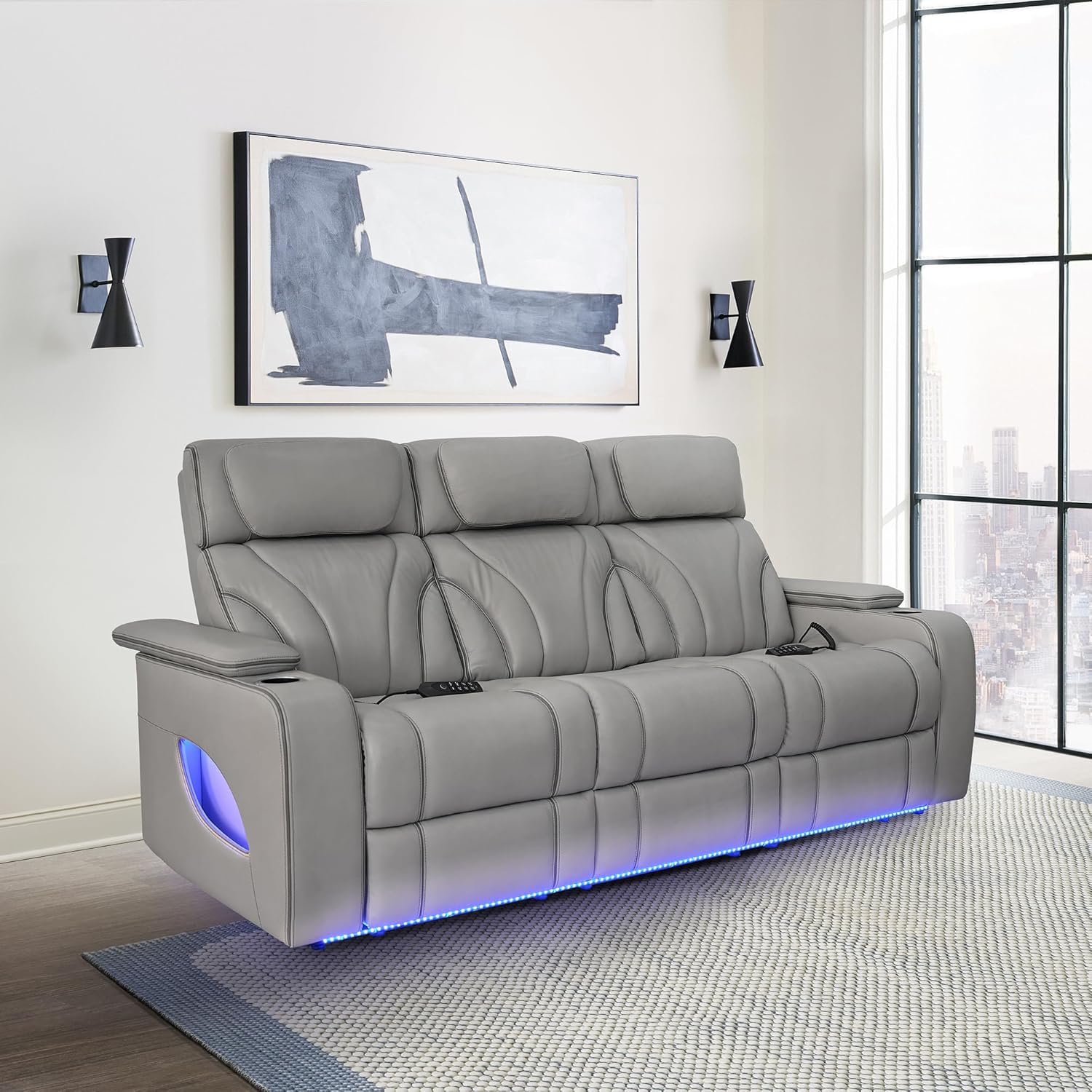 Armen Living Octavia Modern Zero Gravity Power Reclining Heated Massage Sofa, 86" Wide, Silver and Gray Top Grain Leather