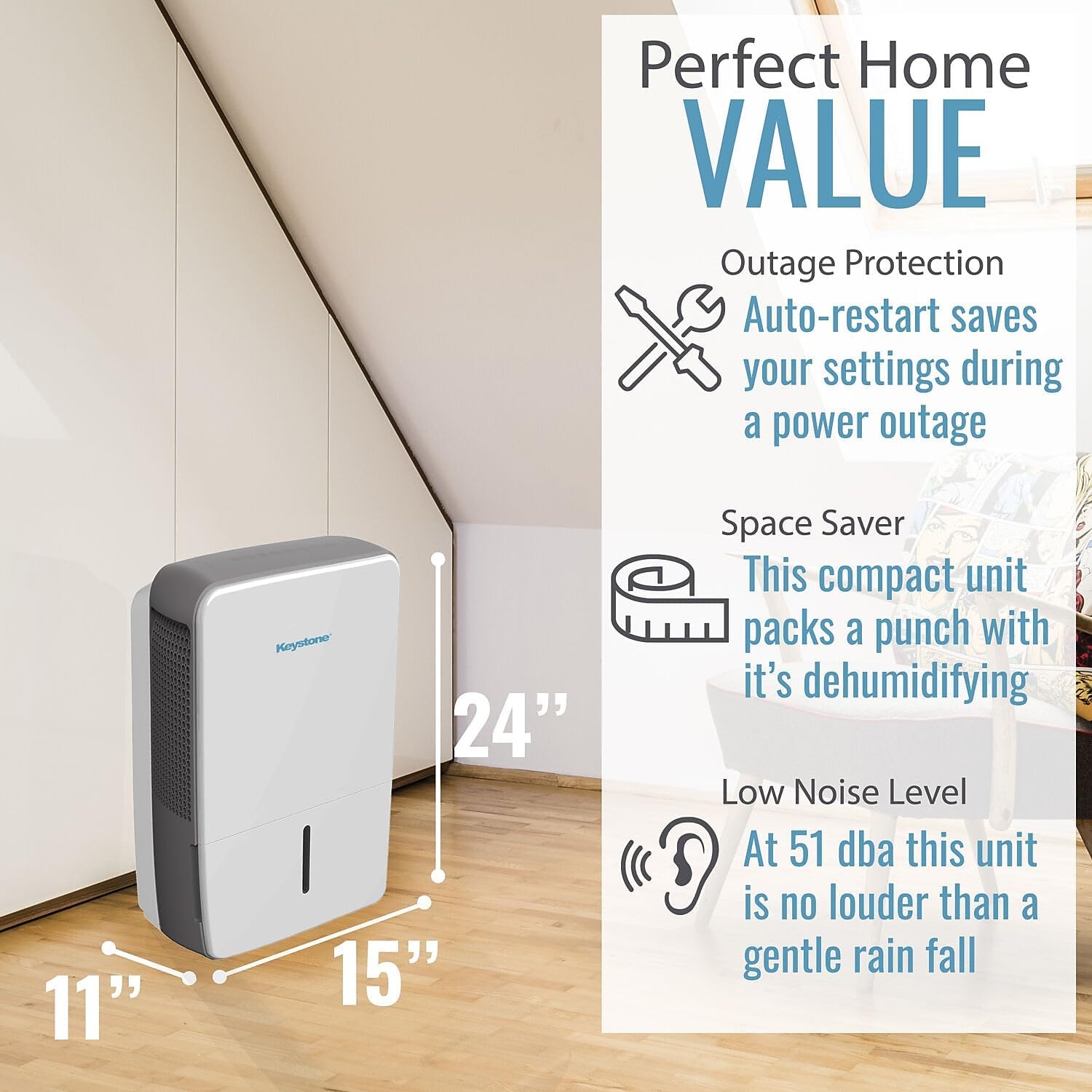 Keystone Energy Star 50-Pint Portable Dehumidifier for Basement, Garage, Living Room, and Extra Large Rooms up to 4,500 Sq.Ft., Quiet Dehumidifier for Home with Auto-Shutoff, Timer, and LED Display