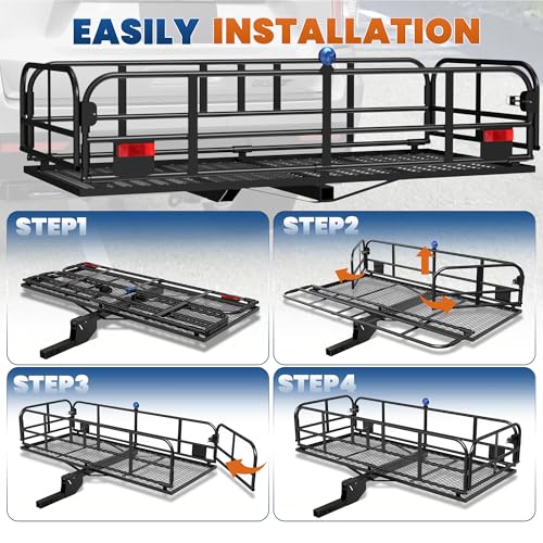 500 Lbs Folding Rack Hitch Mount Cargo Carrier, 2" Hitch Receiver, 60" x 24" x 14" Size,Bolt Lock Luggage Basket Heavy Duty Hitch Rear Trailer Cargo Rack Compatible for SUV Truck Pickup