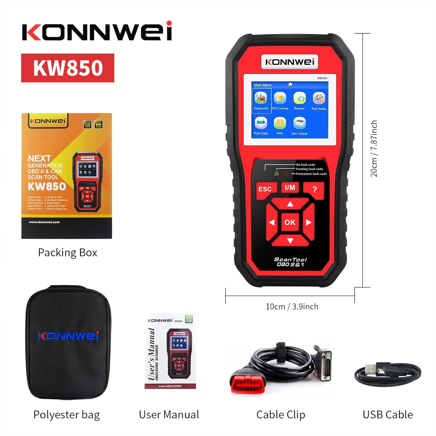 KONNWEI KW850 OBD II Scanner Check Engine Code Reader CAN Diagnostic Scan Tool with O2 Sensor Test Freeze Frame I/M Readiness Print Data EVAP System Battery Test for All OBD2 Cars (Updated Version) Pack of 2