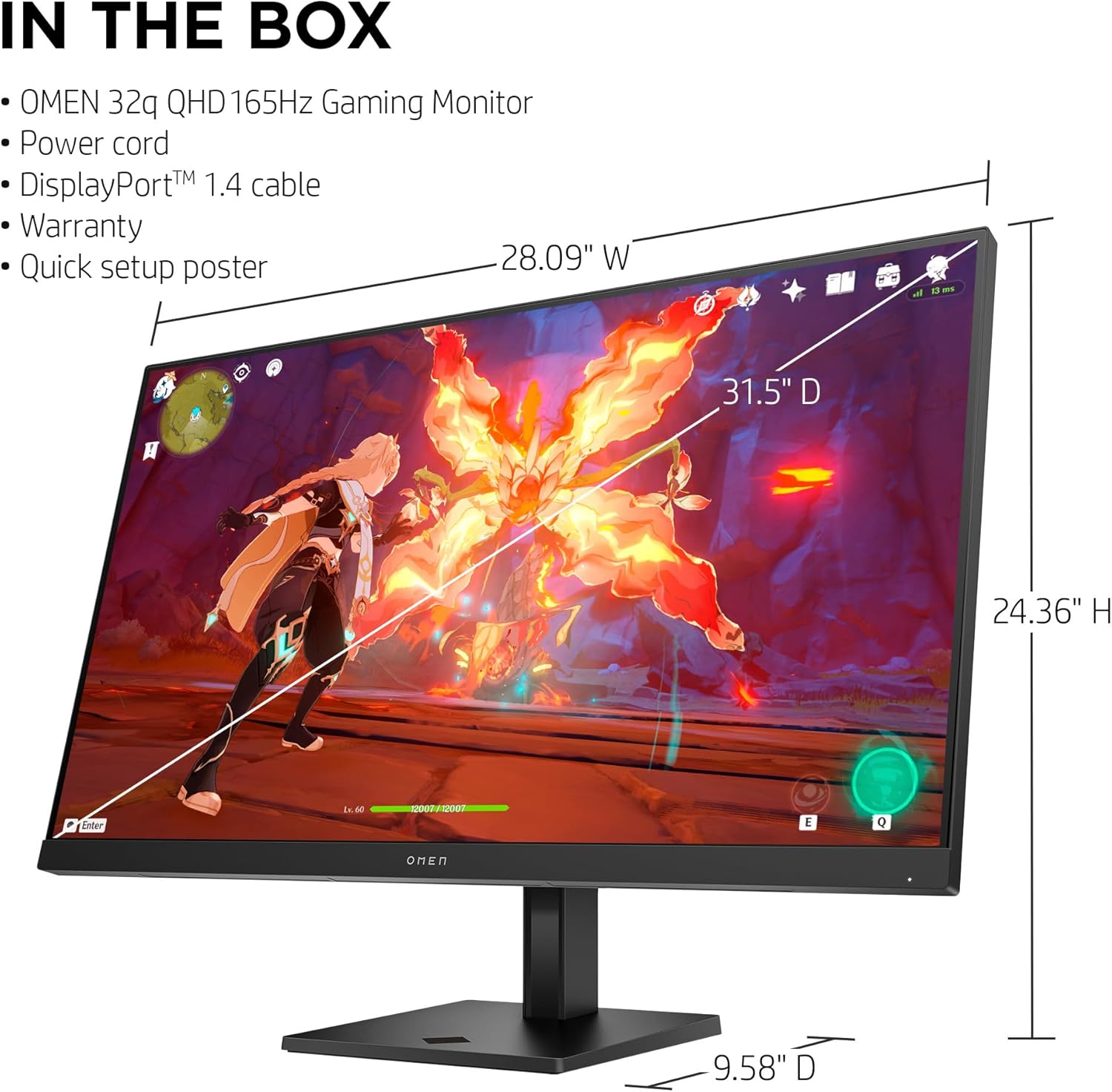 HP OMEN 32q QHD 165Hz Gaming Monitor, QHD Display (2560 x 1440), IPS Panel, 99% sRGB, 95% DCI-P3, 16:9, AMD FreeSync Premium Technology, 32q (2023),Black