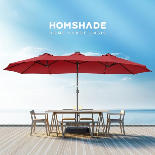 Double Sided Patio Umbrellas - 15ft Solar Lights LED Lighted Outdoor Extra Large Market Table Umbrella with Base Included, Oversized Umbrella for Deck, Pool, Backyard