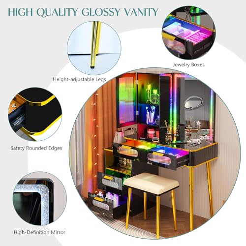 RGB LED Vanity Desk with Mirror and Lights, Makeup Vanity Table with Charging Station, 7 Dynamic and 24 Static Dimmable Vanity Set, Dressing Table with Jewelry Organizer, Gifts for Women/Girls, Black