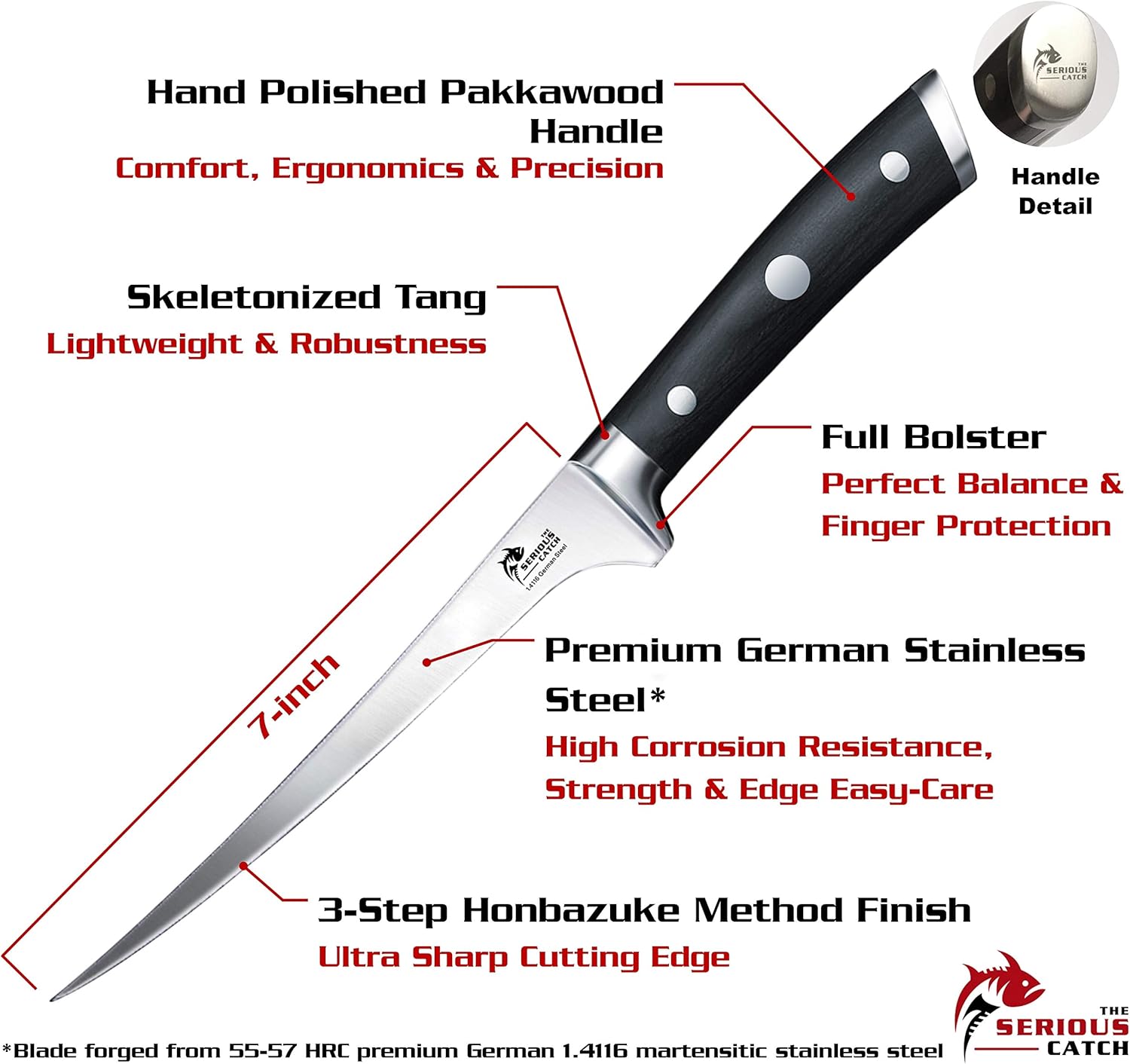 The Serious Catch 7-In Fish Fillet Knife With Sheath - Premium German High-Carbon Steel - Leather Sheath Ideal for Indoors and Outdoors - Use to Fillet Fish and Meat