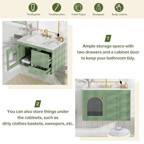 30inch Bathroom Vanity with Sink,Single Sink Bathroom Vanity with 2 Drawers and a Tip-Out Drawer,Easy Assmebly and Clean,for Bathrooms with Small Spaces(White)