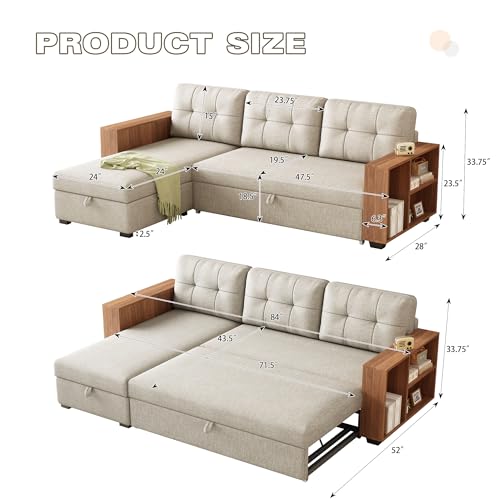 L Shaped Pull Out Couch Bed with Storage Chaise,Convertible Sectional Sleeper Sofa with 2 Wooden Armrests and 3 Removable Back Cushions for Living Room,Office, 84", Beige 1