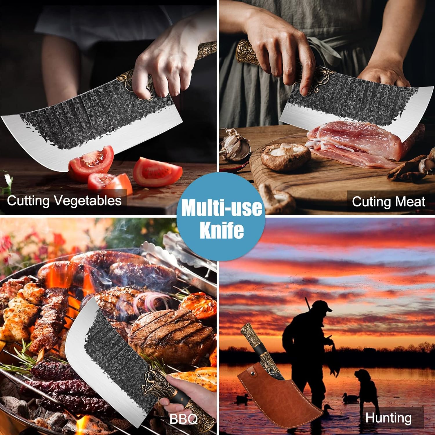 Meat Cleaver Butcher Knife Bone Cleaver Knife Heavy Duty Bone Chopper Butcher Bone Knife High Carbon Steel Bone Knife with a Sheath for Kitchen Outdoor